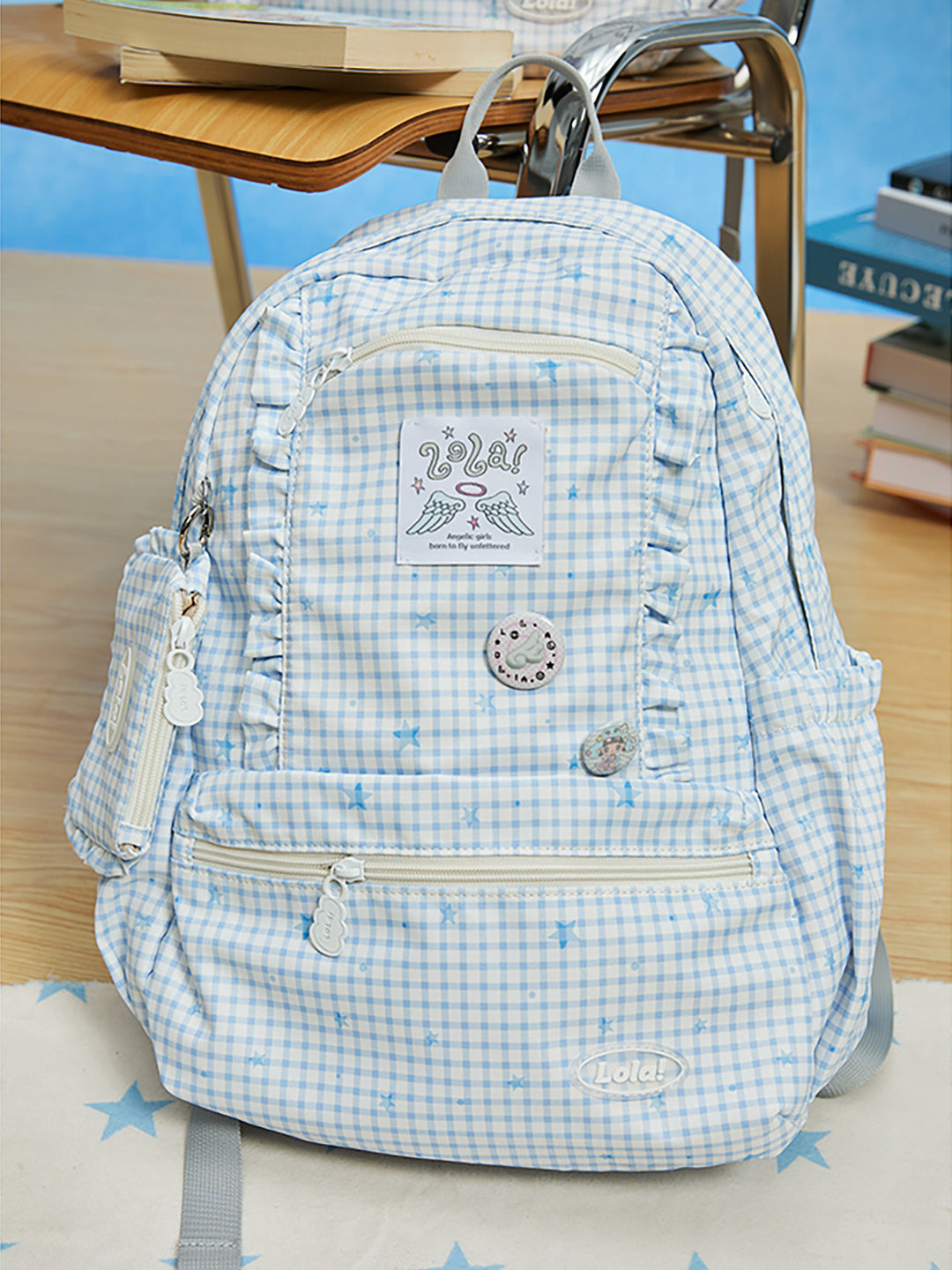 Ruffle Trim Backpack with Front Zip Pockets