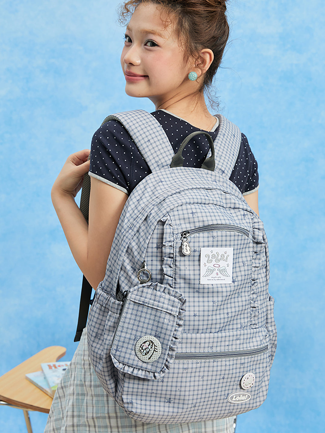 Ruffle Trim Backpack with Front Zip Pockets