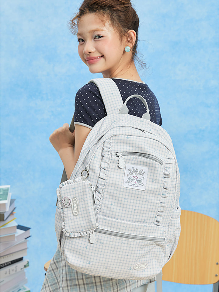 Ruffle Trim Backpack with Front Zip Pockets