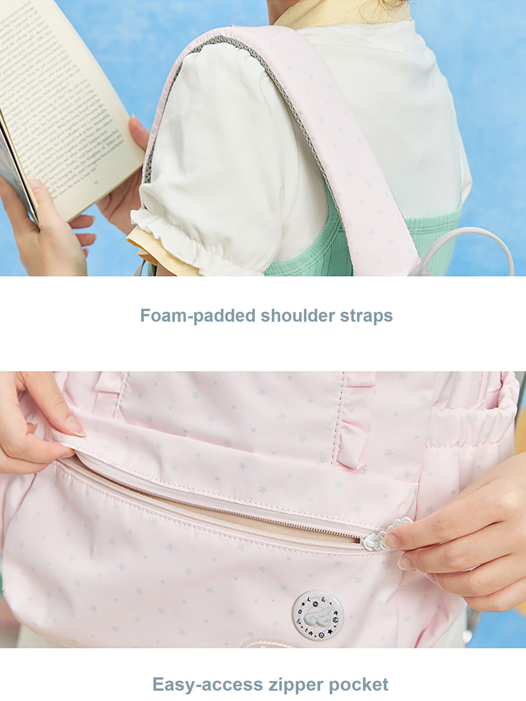 Ruffle Trim Backpack with Front Zip Pockets