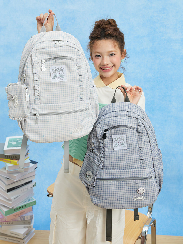 Ruffle Trim Backpack with Front Zip Pockets