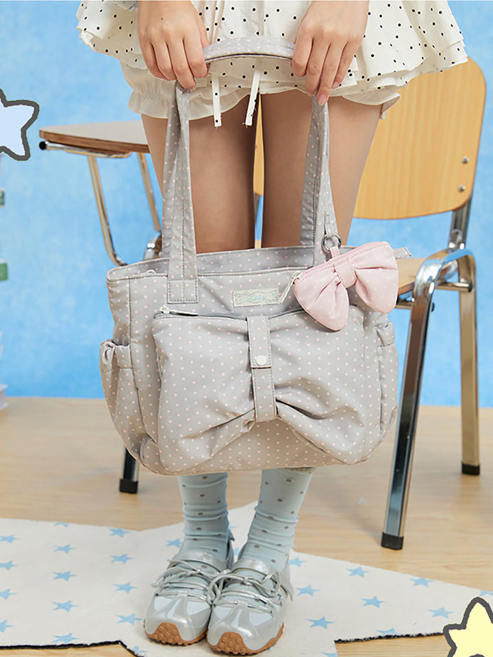 Polka Dot Bow Tote Bag with Front Zip Pocket