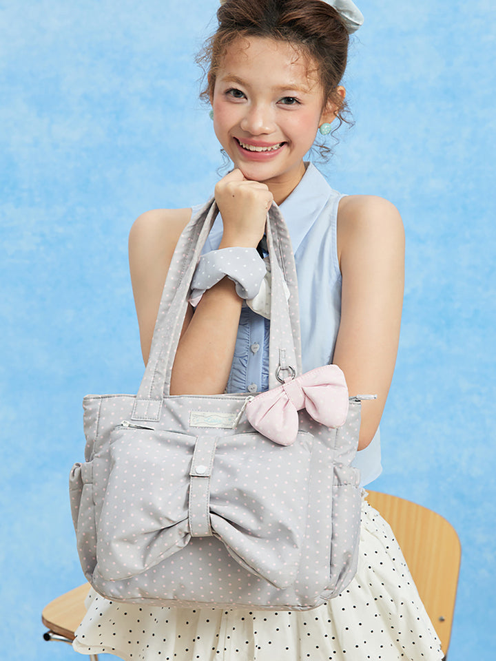 Polka Dot Bow Tote Bag with Front Zip Pocket
