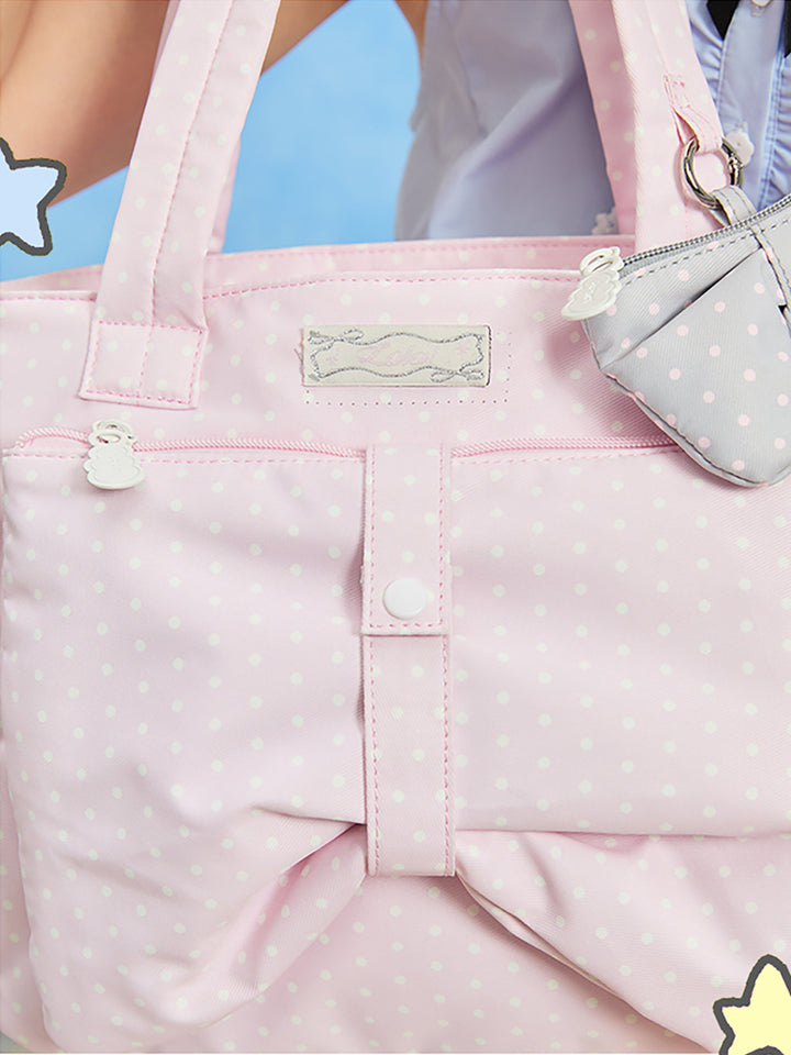 Polka Dot Bow Tote Bag with Front Zip Pocket