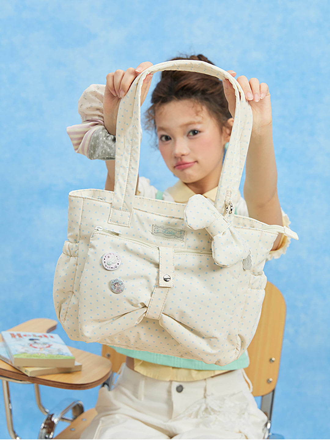 Polka Dot Bow Tote Bag with Front Zip Pocket