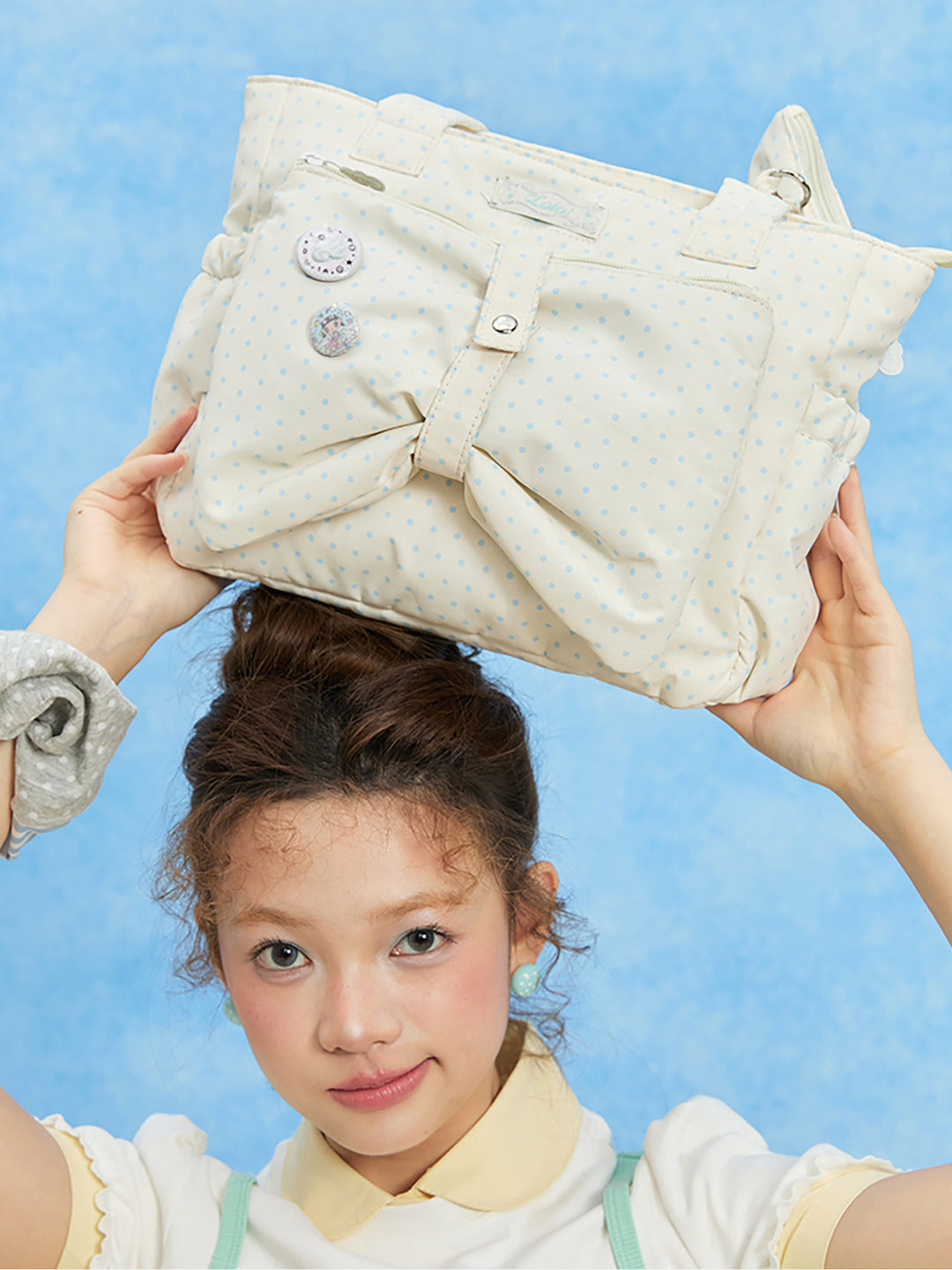 Polka Dot Bow Tote Bag with Front Zip Pocket