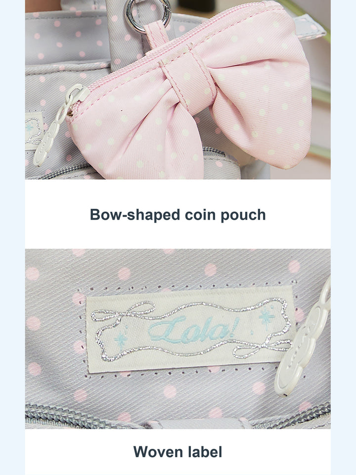Polka Dot Bow Tote Bag with Front Zip Pocket