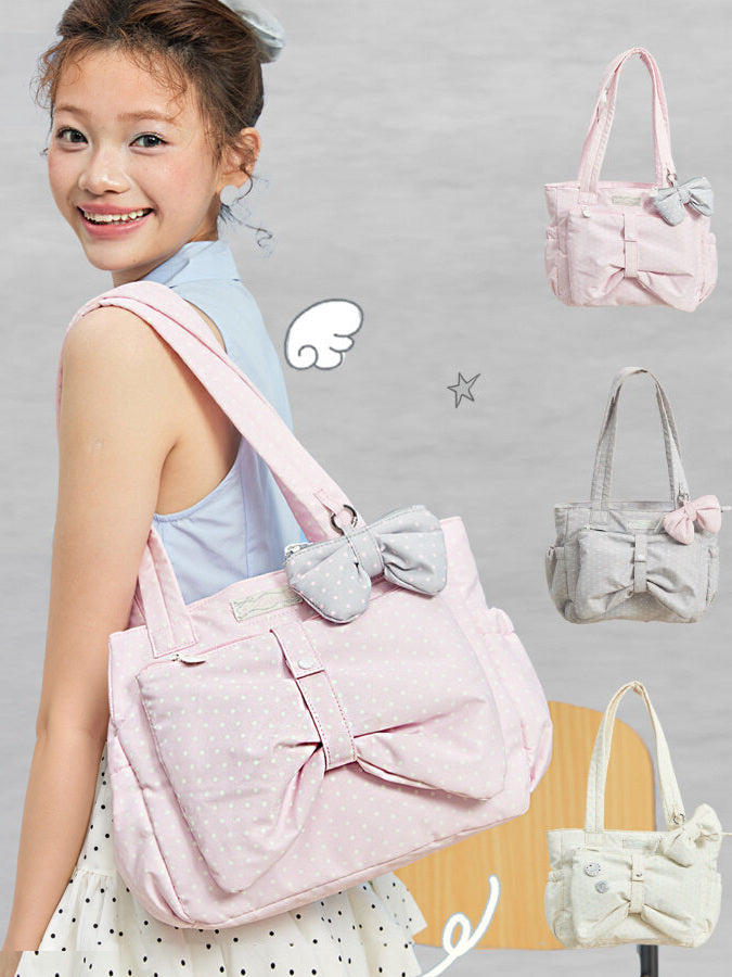Polka Dot Bow Tote Bag with Front Zip Pocket