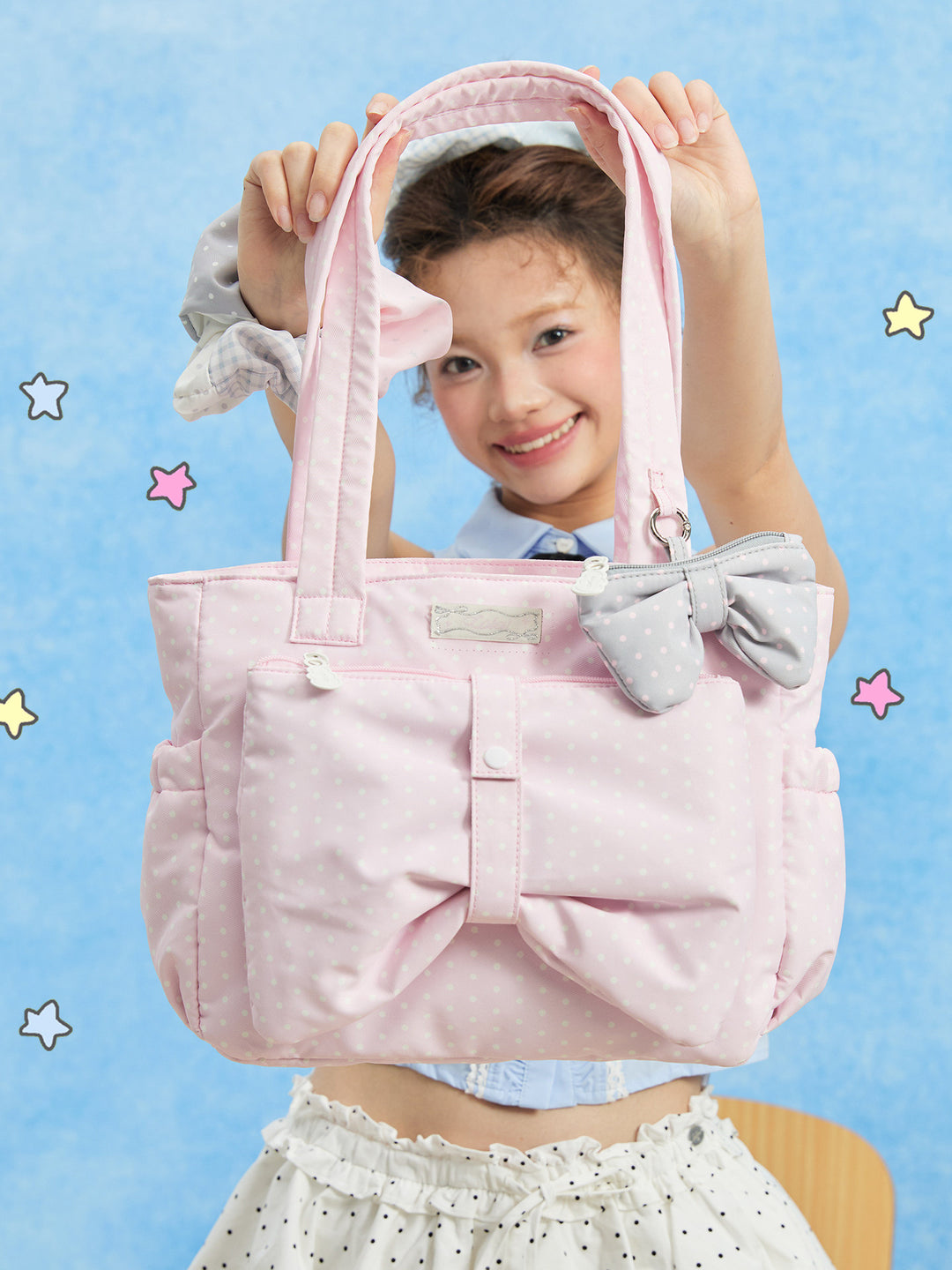 Polka Dot Bow Tote Bag with Front Zip Pocket