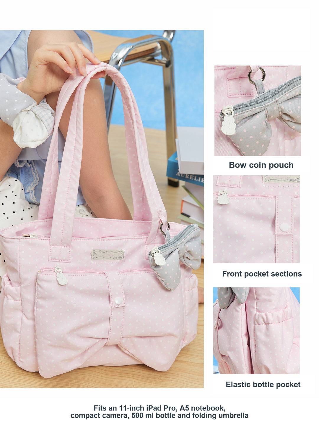 Polka Dot Bow Tote Bag with Front Zip Pocket