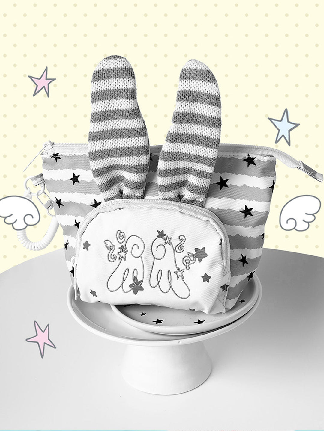Rabbit Ear Cosmetic Pouch with Star and Stripe Pattern