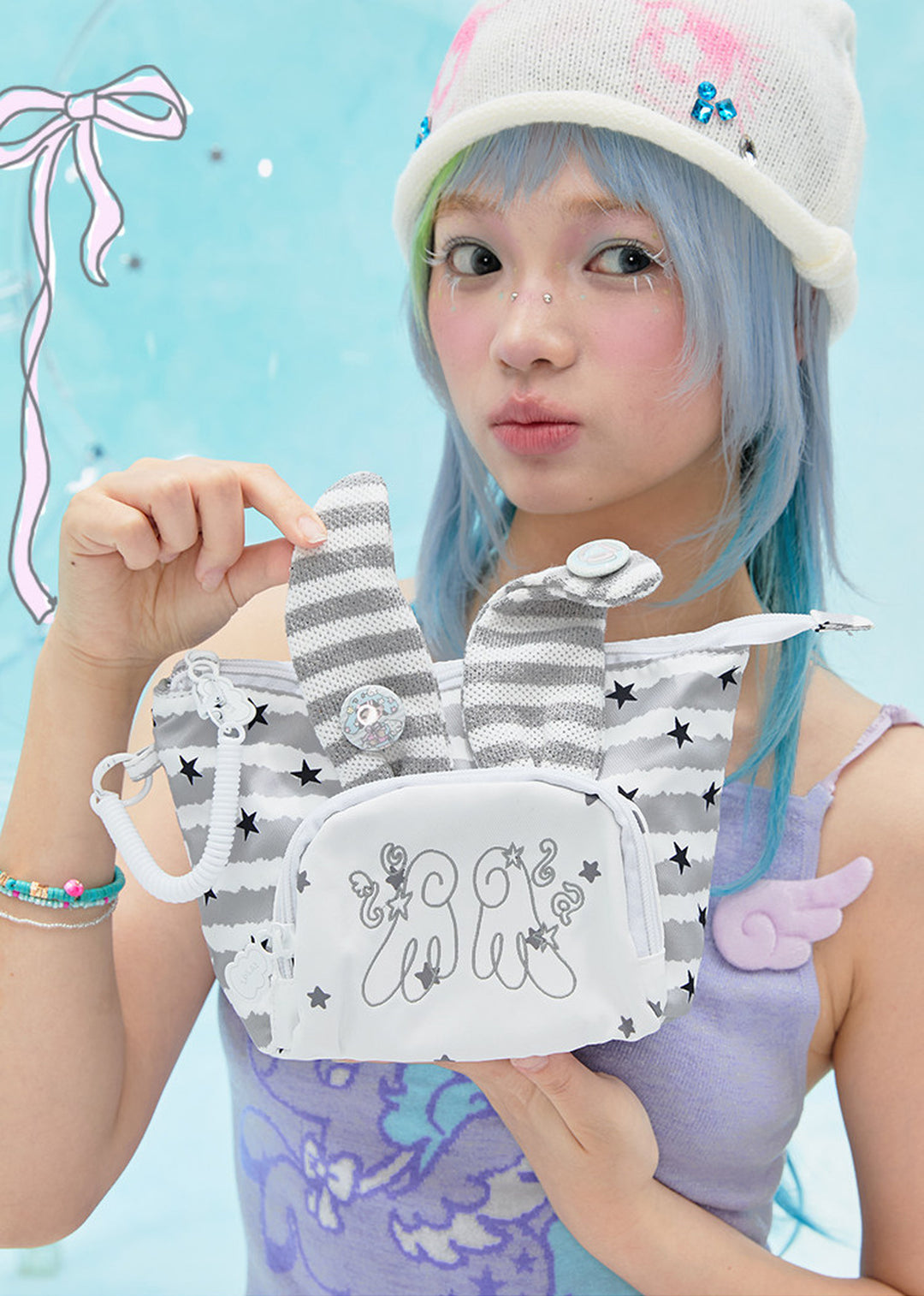 Rabbit Ear Cosmetic Pouch with Star and Stripe Pattern