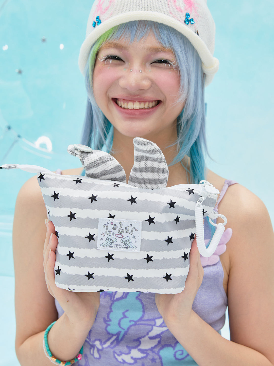 Rabbit Ear Cosmetic Pouch with Star and Stripe Pattern