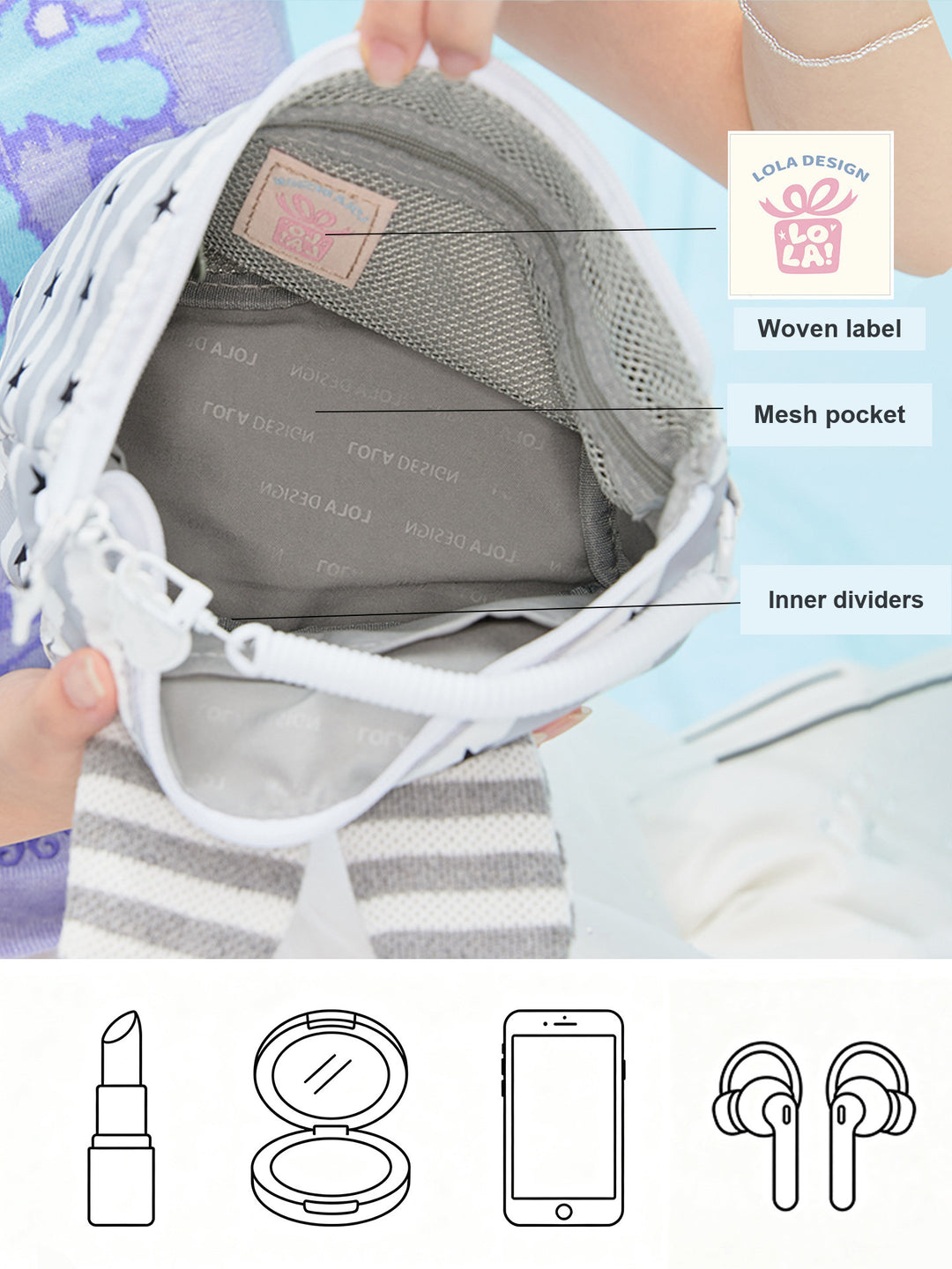 Rabbit Ear Cosmetic Pouch with Star and Stripe Pattern