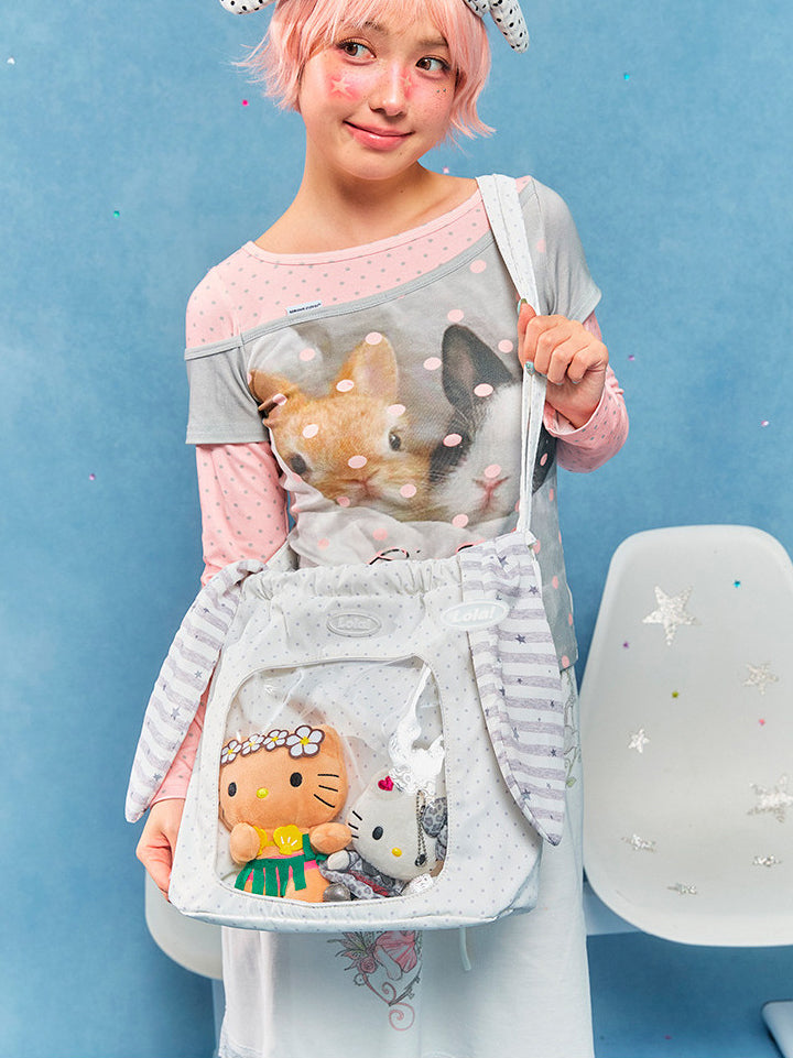 Animal Ear Drawstring Ita Bag with Clear Display Window