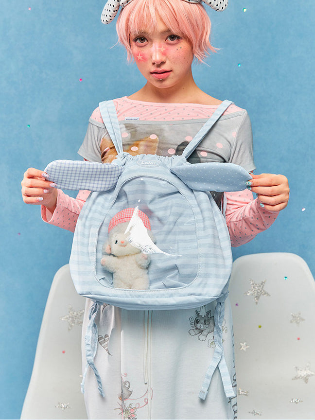 Animal Ear Drawstring Ita Bag with Clear Display Window