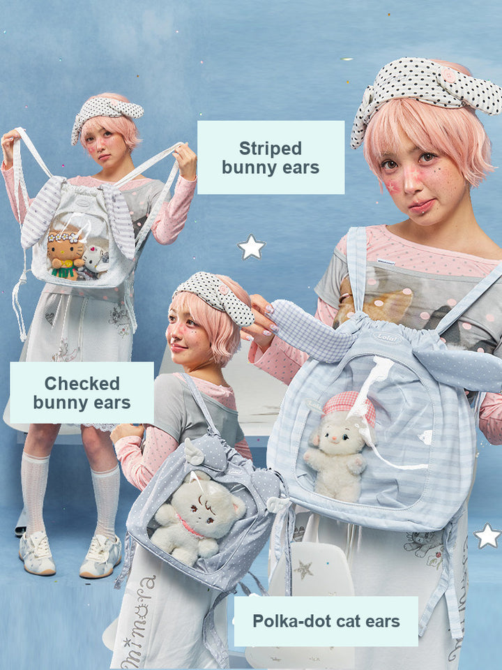 Animal Ear Drawstring Ita Bag with Clear Display Window