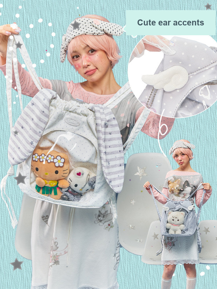 Animal Ear Drawstring Ita Bag with Clear Display Window