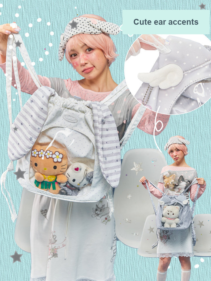 Animal Ear Drawstring Ita Bag with Clear Display Window