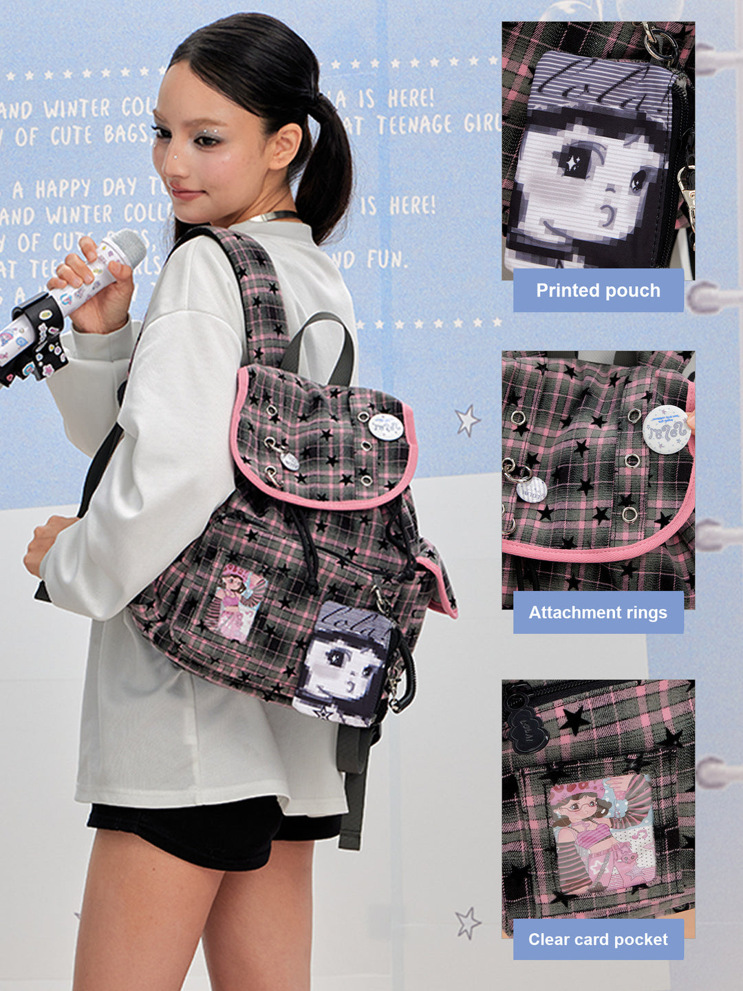 Drawstring Flap Backpack with Card Pocket