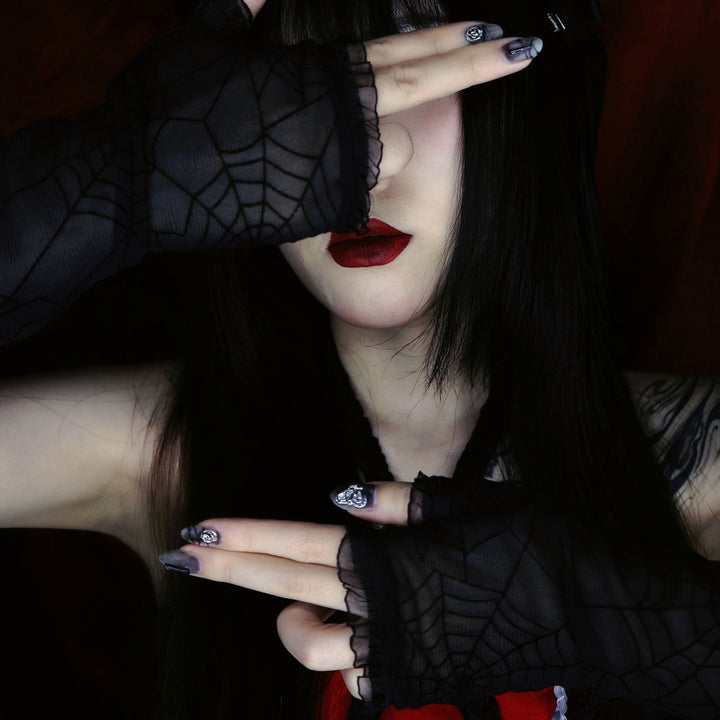 Gothic Spiderweb Mesh Fingerless Gloves