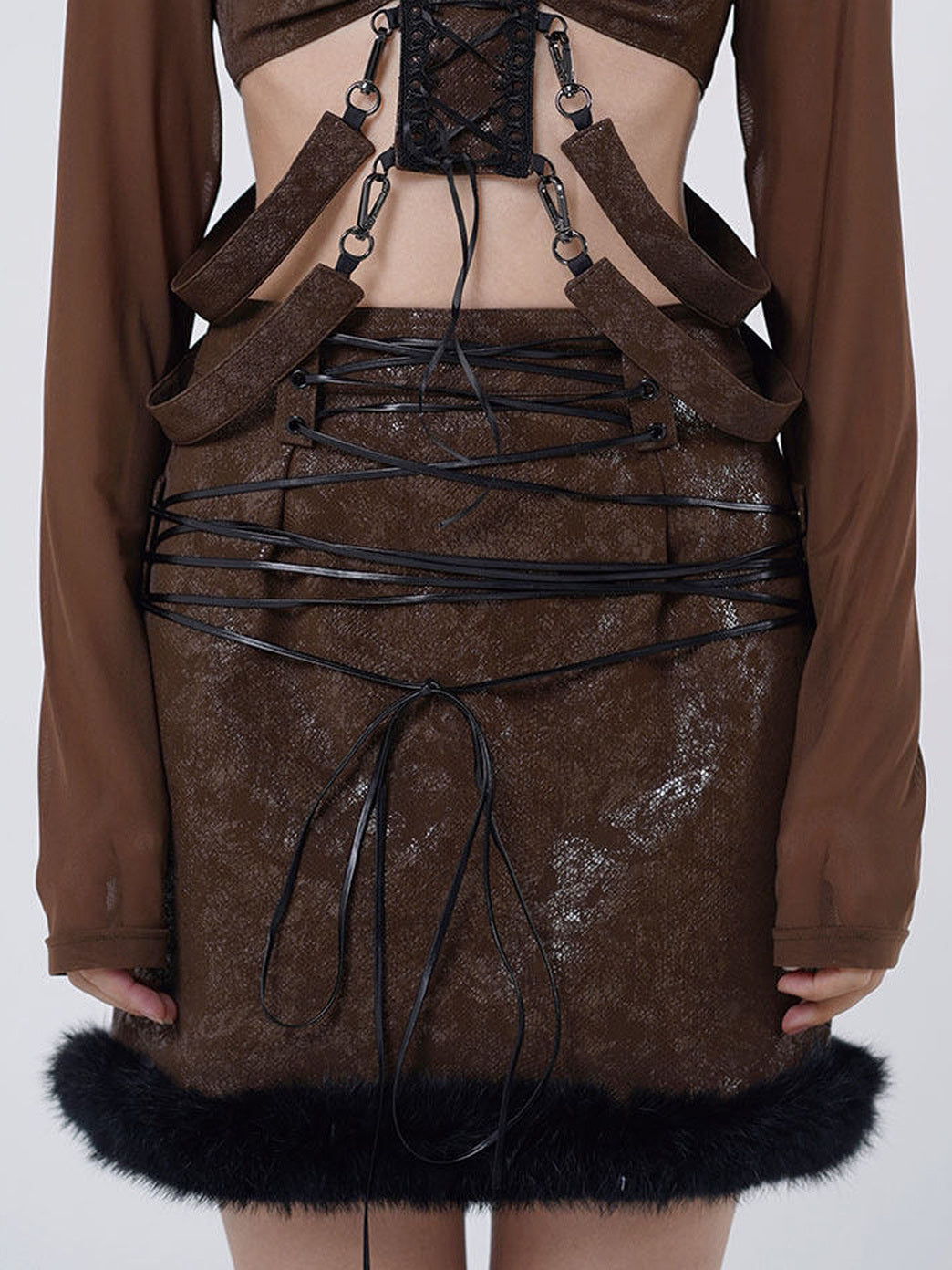 Lace-Up Fuzzy Trim Mini Skirt