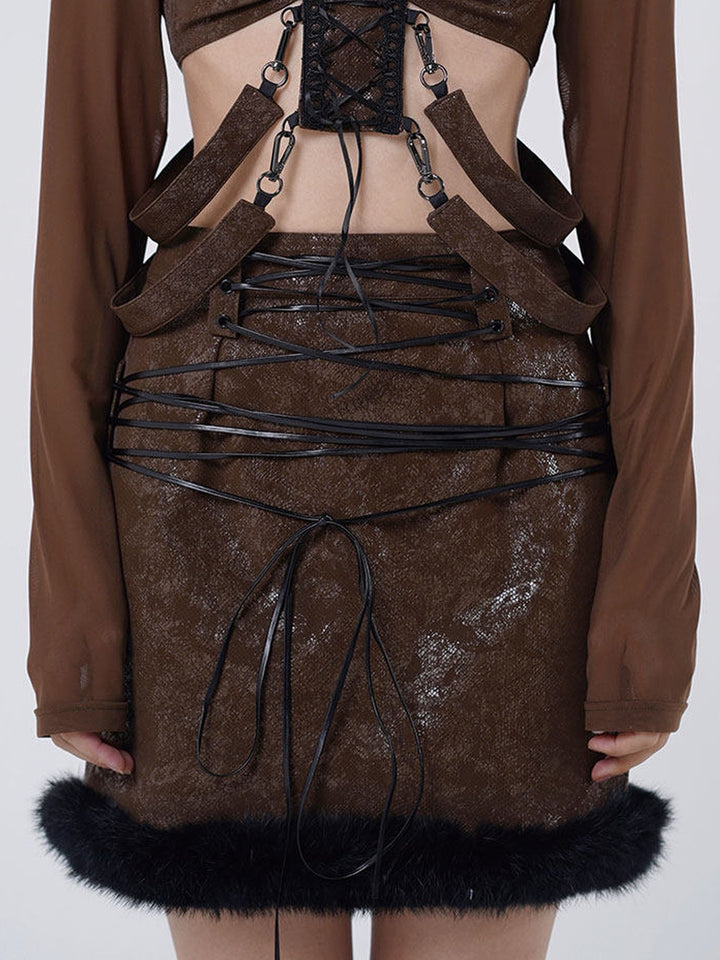 Lace-Up Fuzzy Trim Mini Skirt