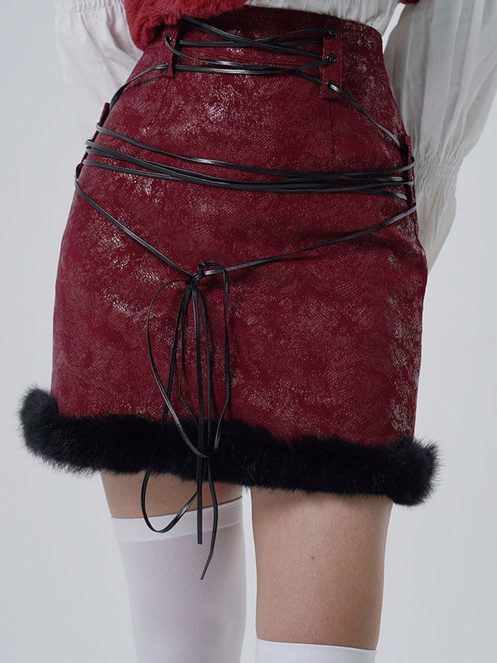 Lace-Up Fuzzy Trim Mini Skirt