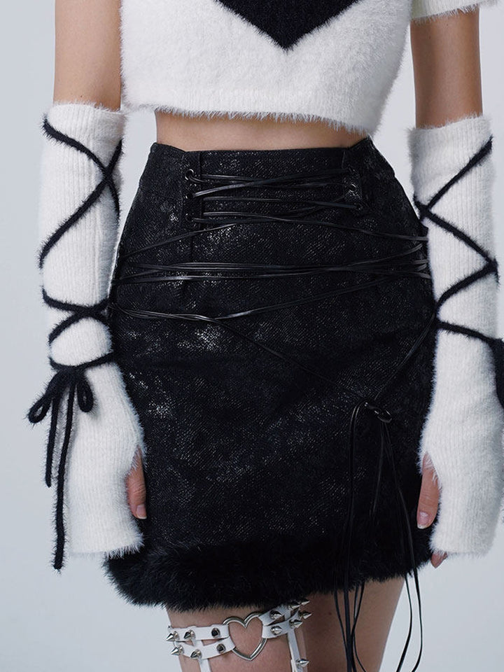 Lace-Up Fuzzy Trim Mini Skirt