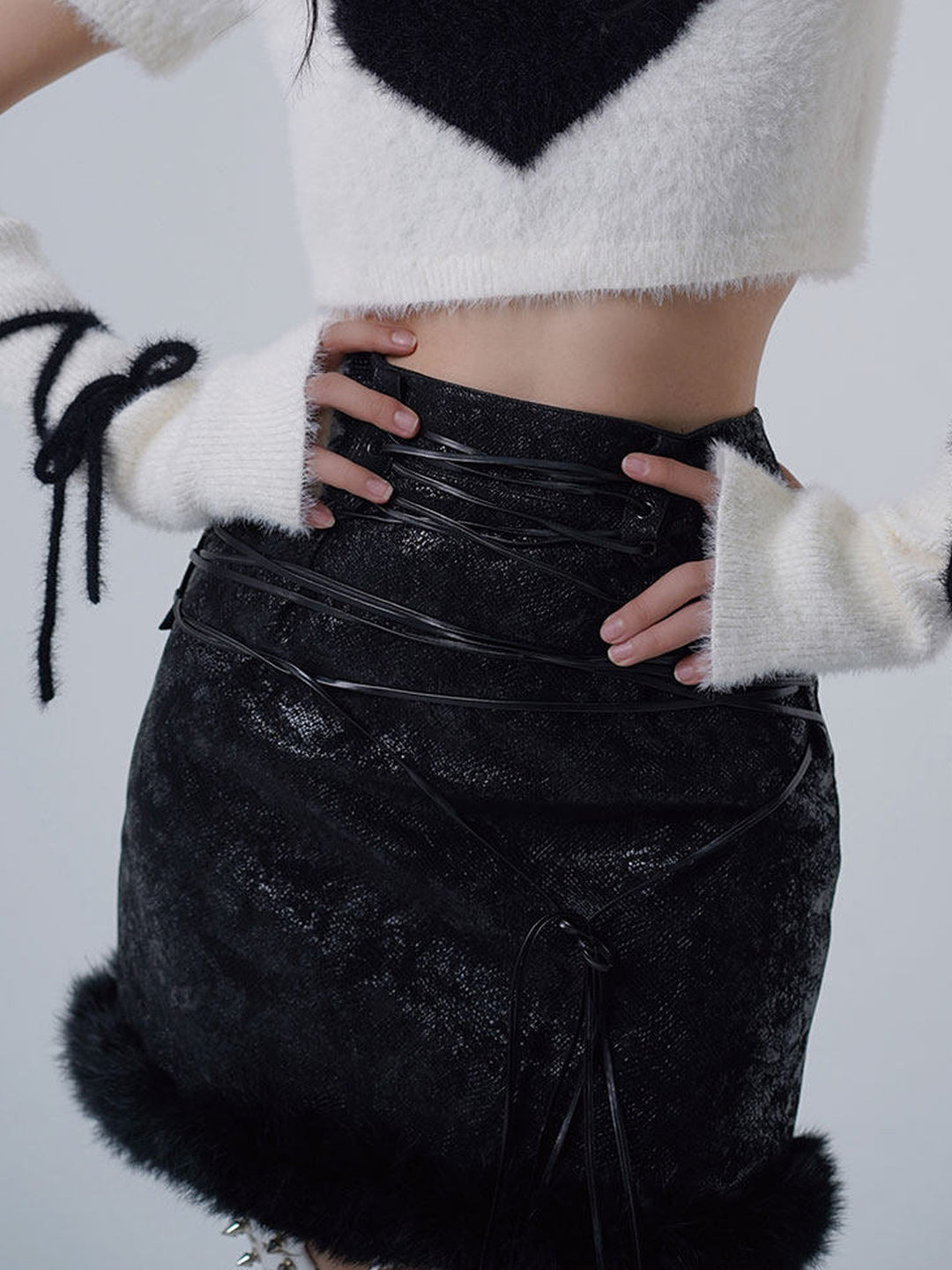 Lace-Up Fuzzy Trim Mini Skirt