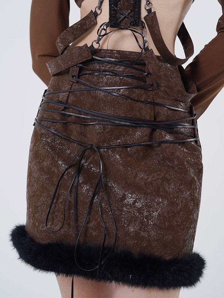 Lace-Up Fuzzy Trim Mini Skirt