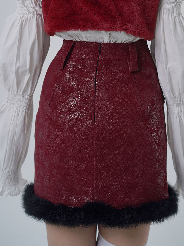 Lace-Up Fuzzy Trim Mini Skirt