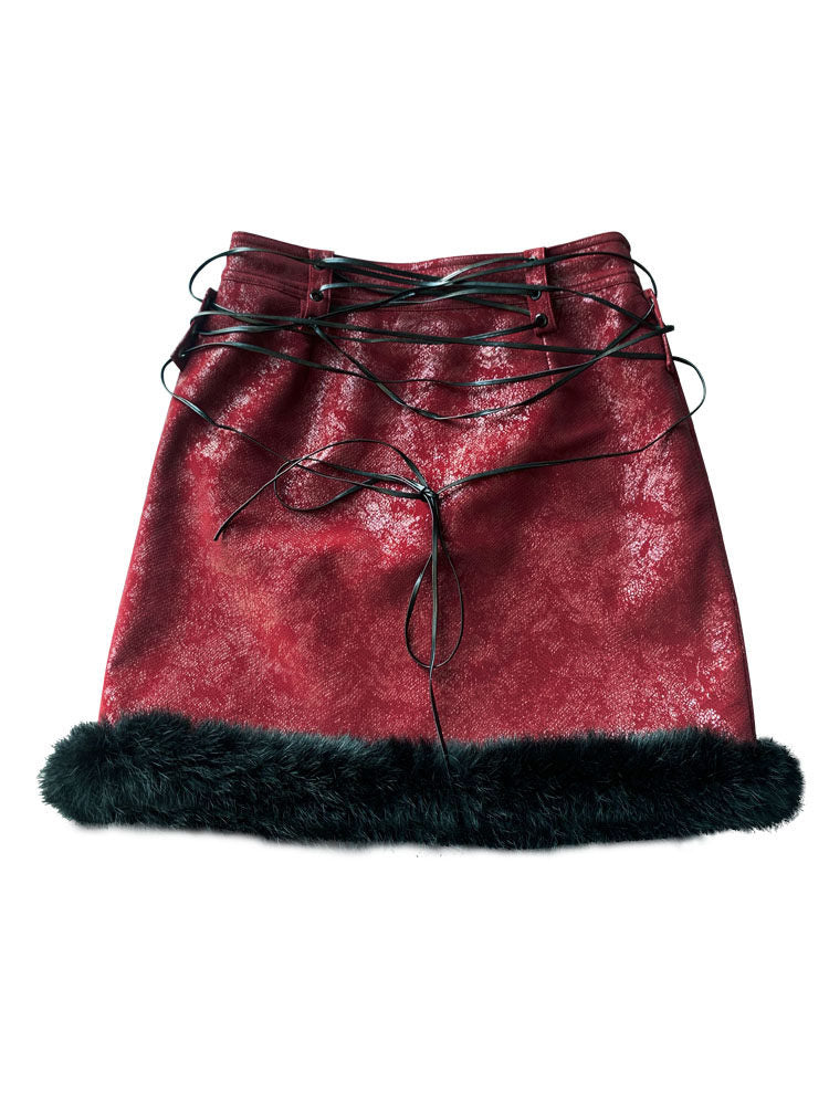 Lace-Up Fuzzy Trim Mini Skirt
