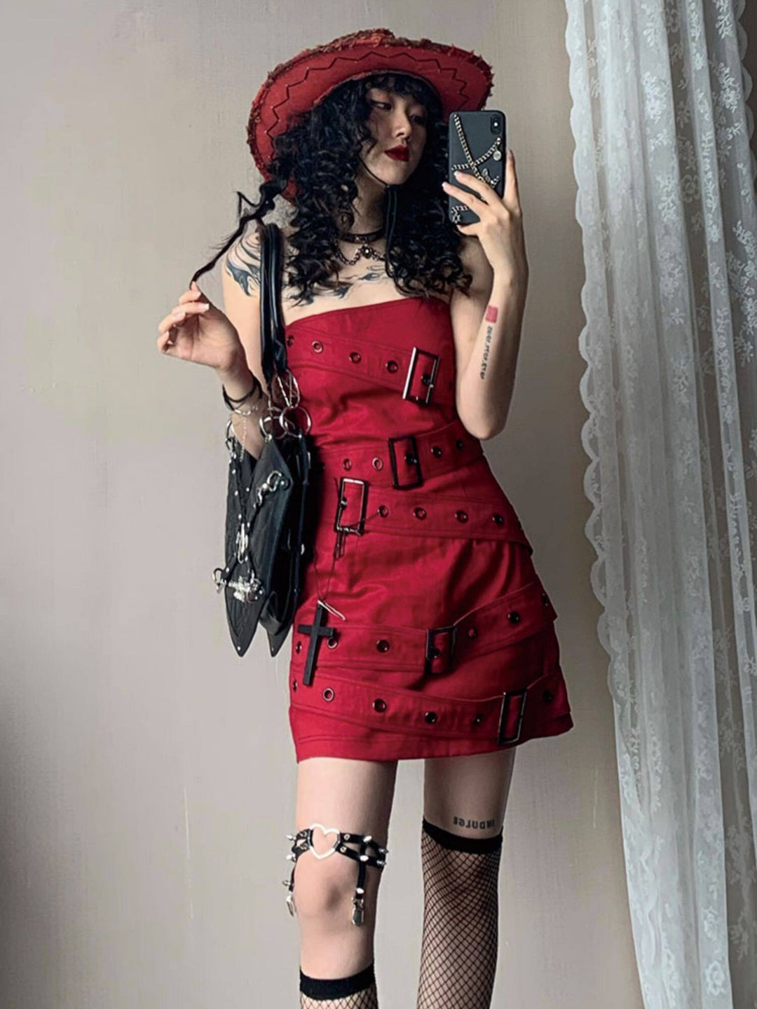 Y2K Buckle-Strap Denim Mini Dress