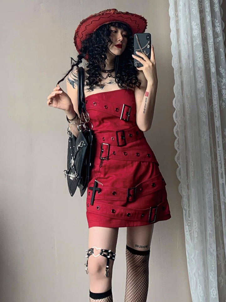 Y2K Buckle-Strap Denim Mini Dress