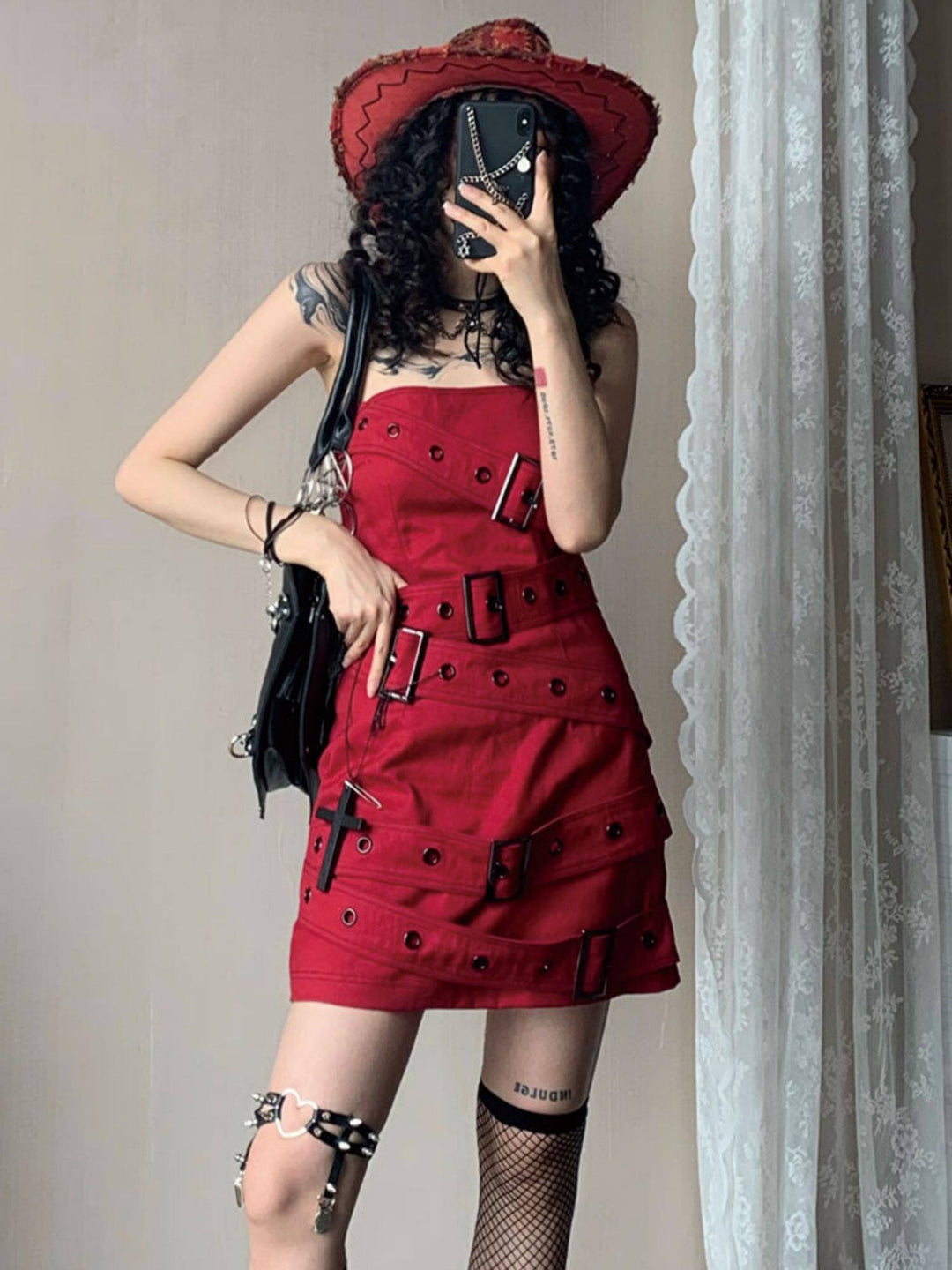 Y2K Buckle-Strap Denim Mini Dress