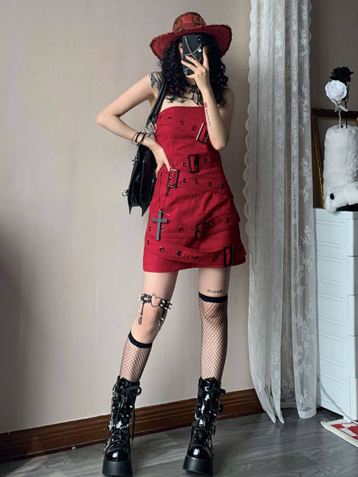 Y2K Buckle-Strap Denim Mini Dress