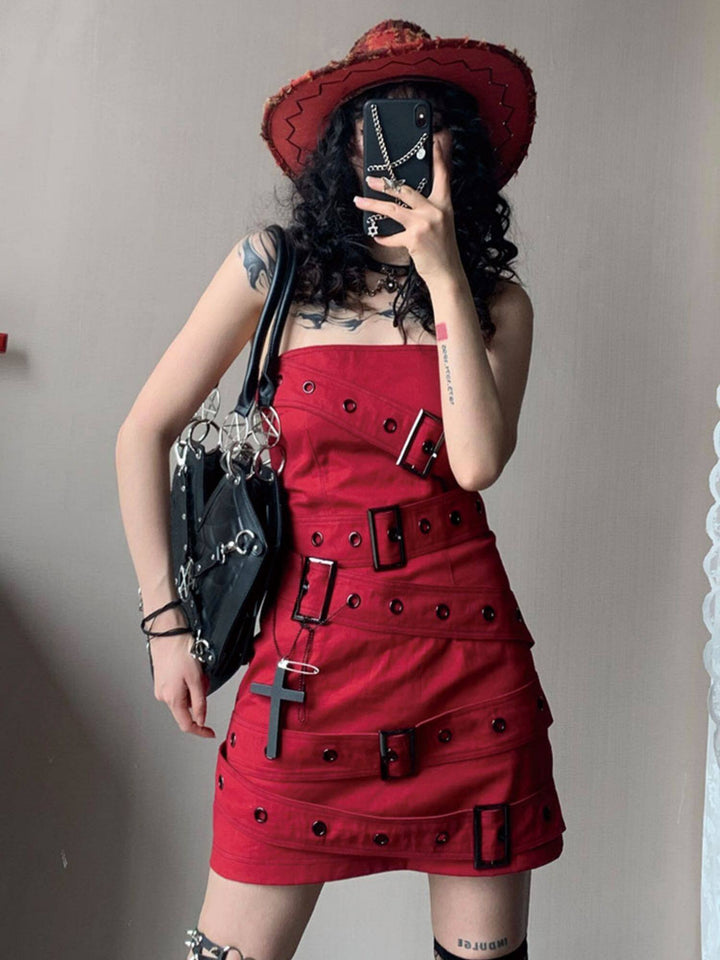 Y2K Buckle-Strap Denim Mini Dress