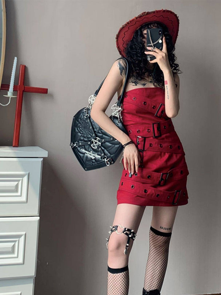 Y2K Buckle-Strap Denim Mini Dress