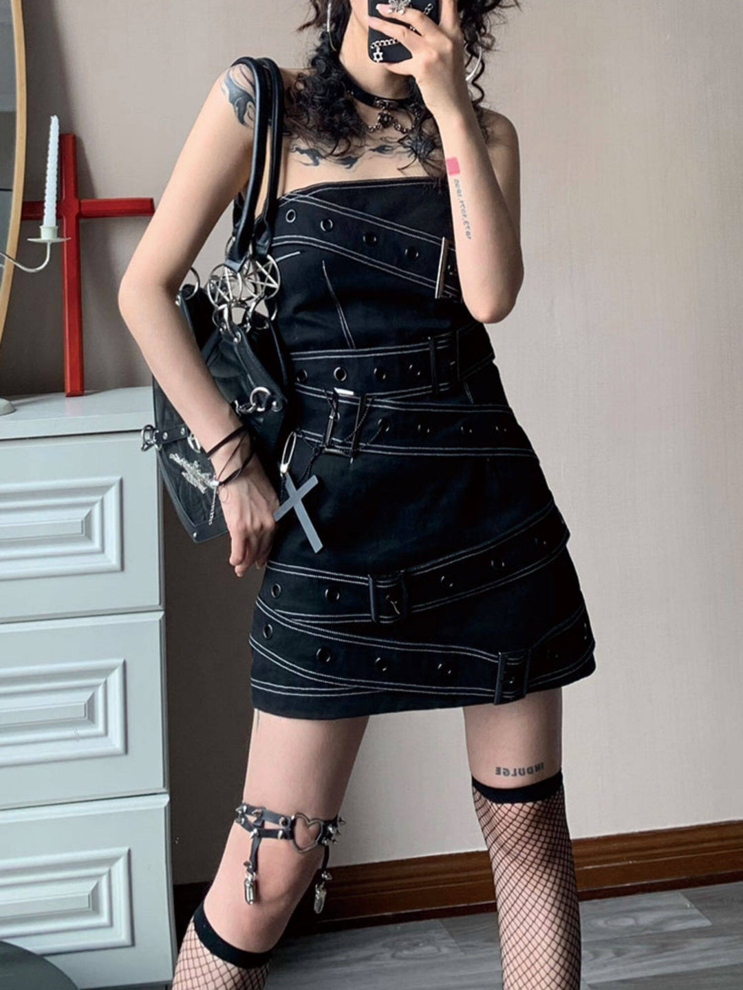 Y2K Buckle-Strap Denim Mini Dress