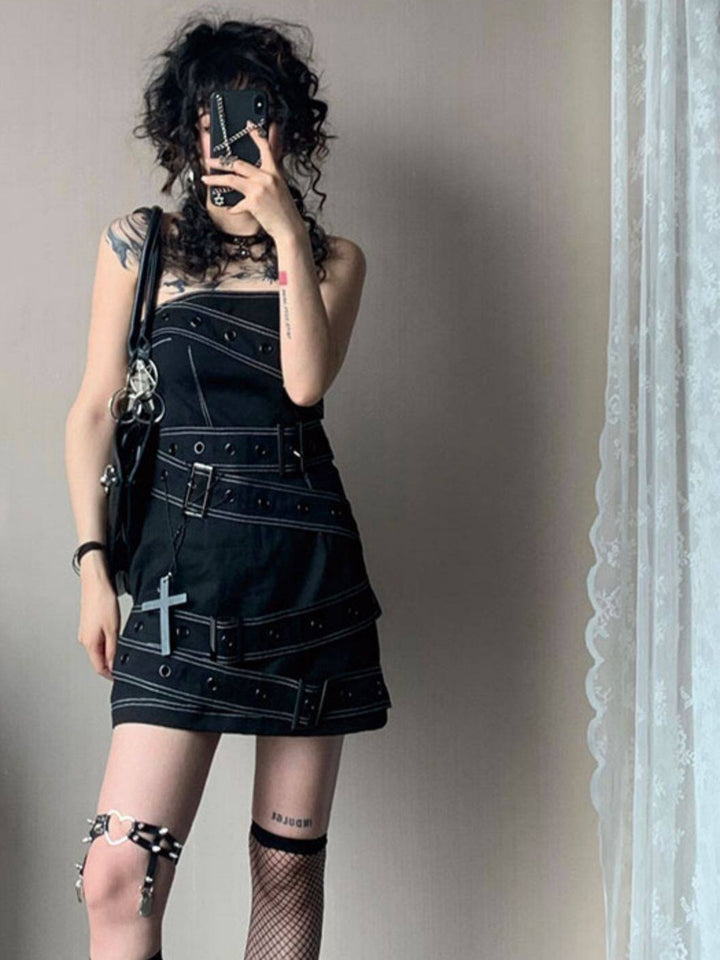 Y2K Buckle-Strap Denim Mini Dress