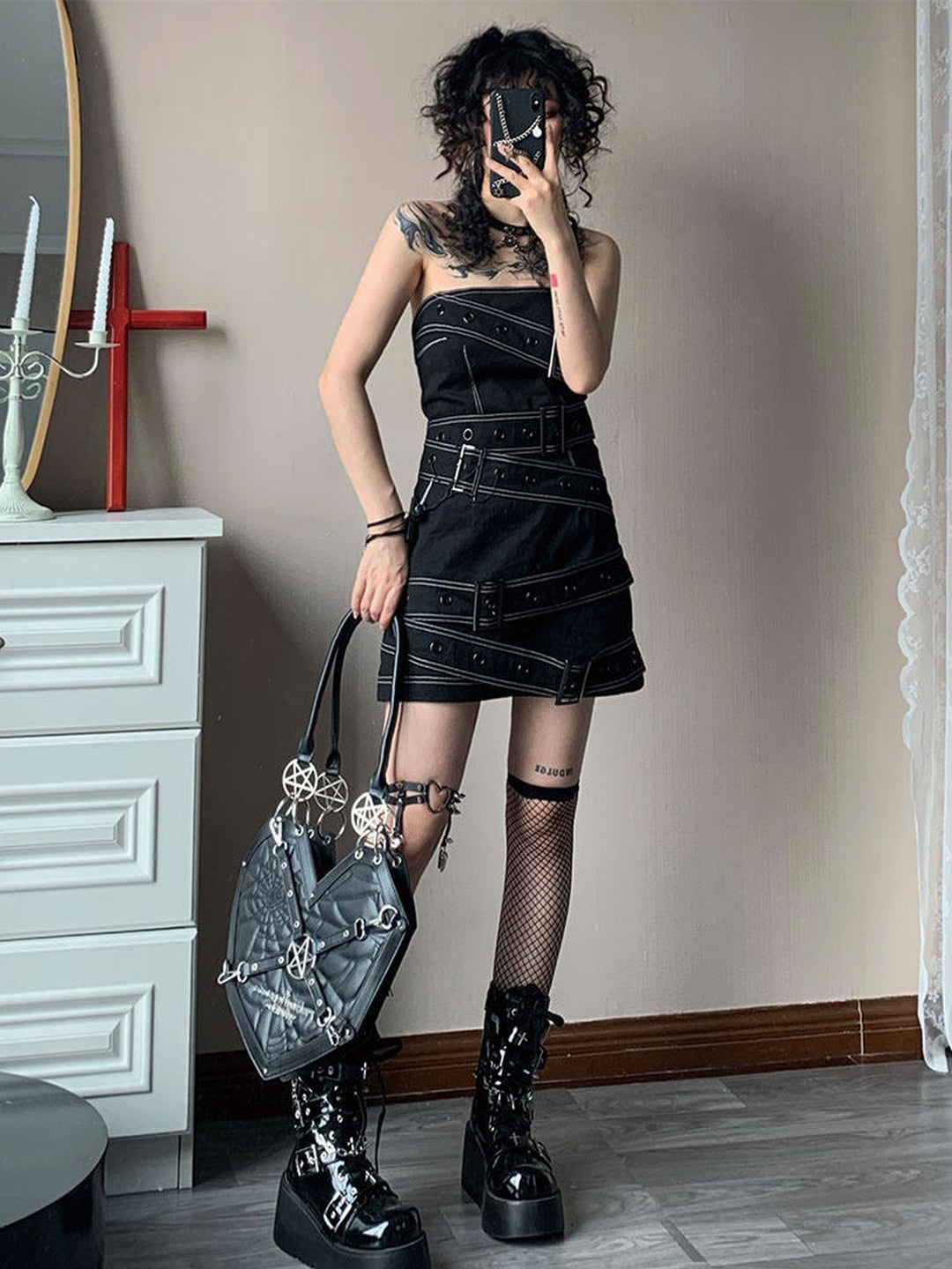 Y2K Buckle-Strap Denim Mini Dress