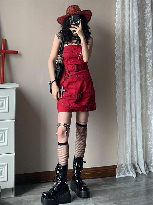 Y2K Buckle-Strap Denim Mini Dress
