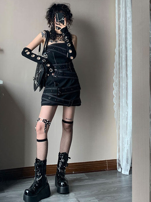 Y2K Buckle-Strap Denim Mini Dress