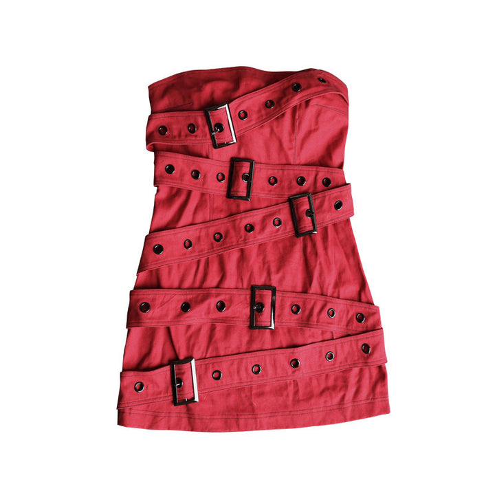 Y2K Buckle-Strap Denim Mini Dress