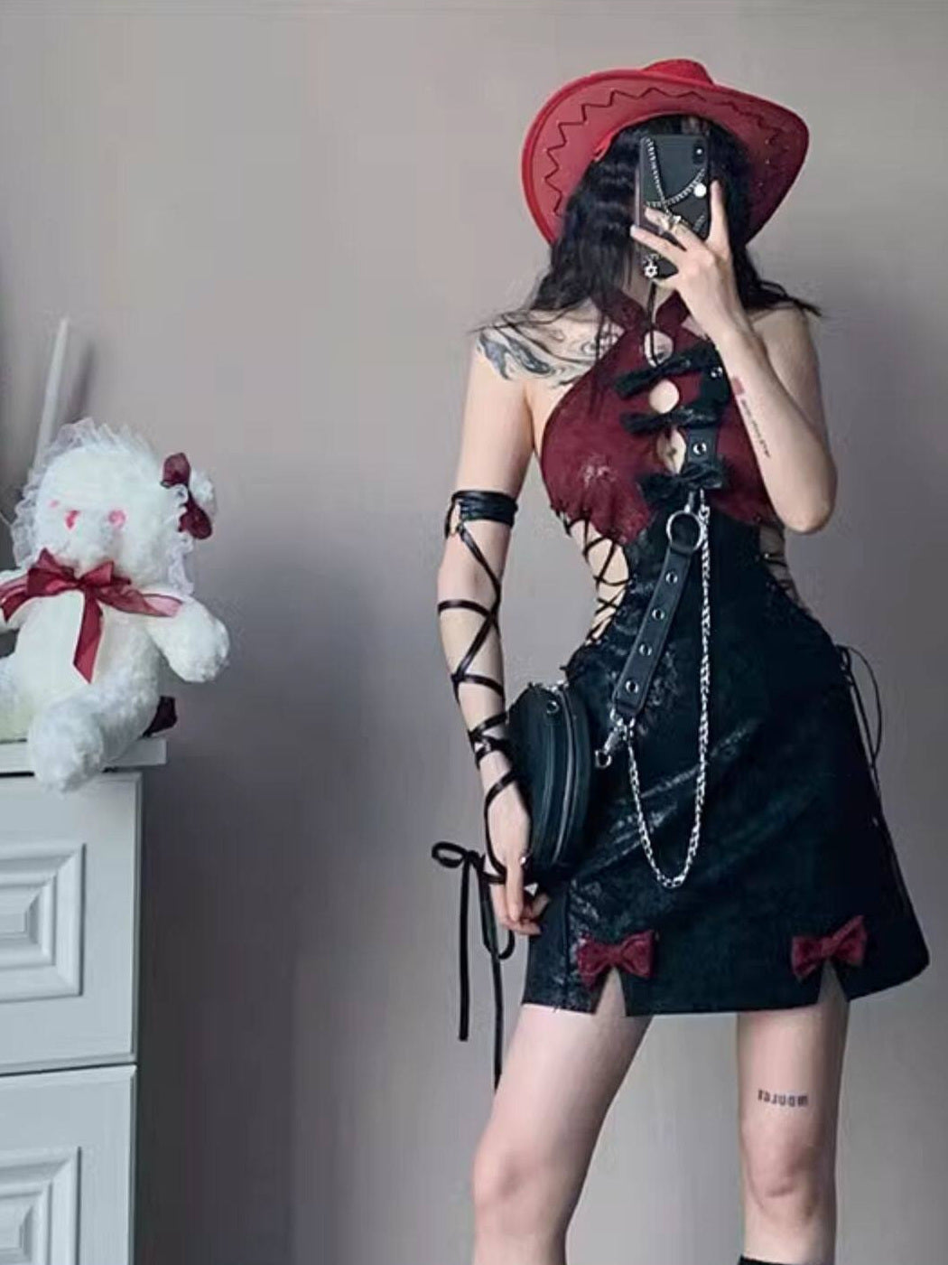 Gothic Qipao-Inspired Lace-Up Mini Dress