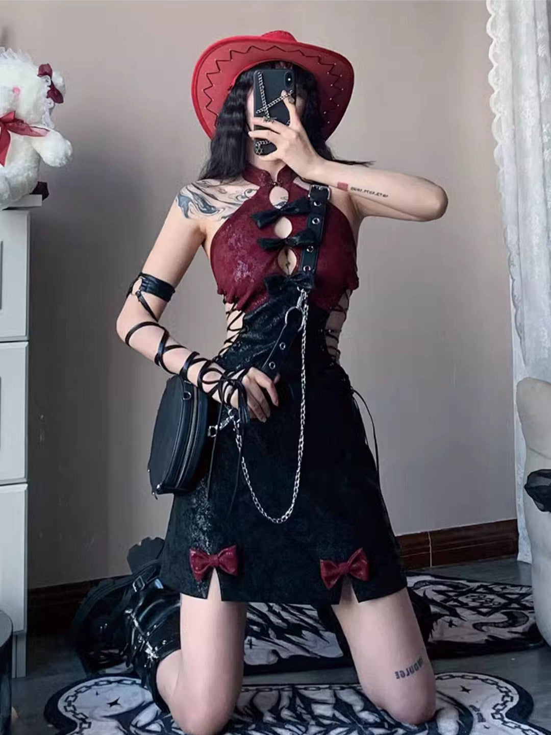 Gothic Qipao-Inspired Lace-Up Mini Dress