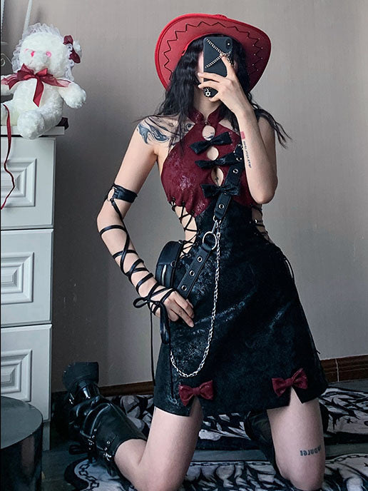 Gothic Qipao-Inspired Lace-Up Mini Dress