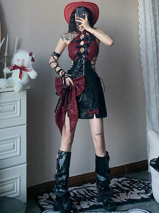 Gothic Qipao-Inspired Lace-Up Mini Dress
