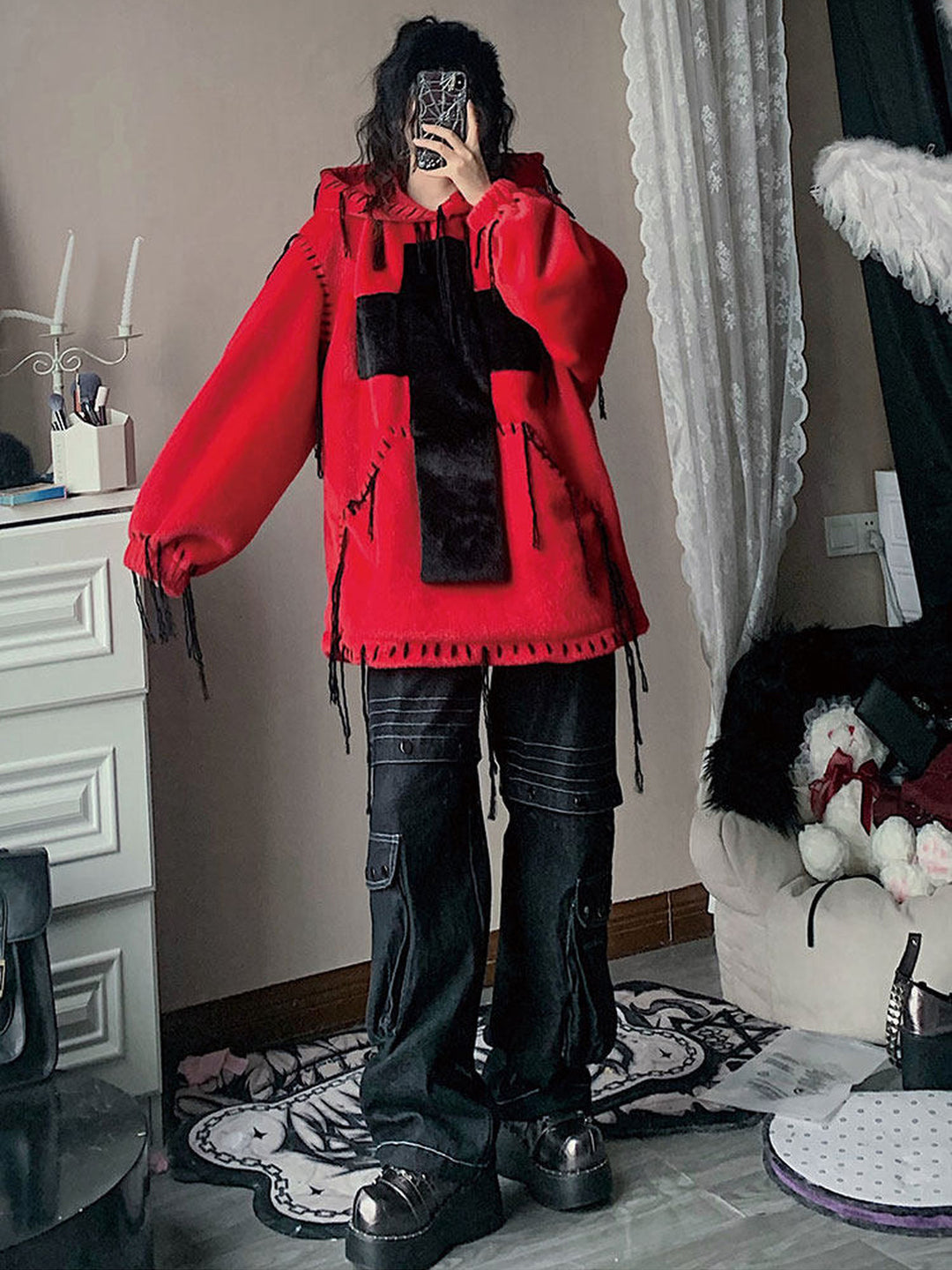 Gothic Cross Faux Fur Hoodie